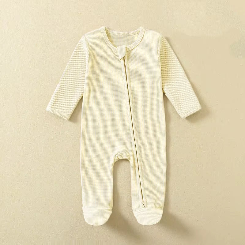 Organic Cotton Waffle Baby Rompers with Long Sleeves and Feet