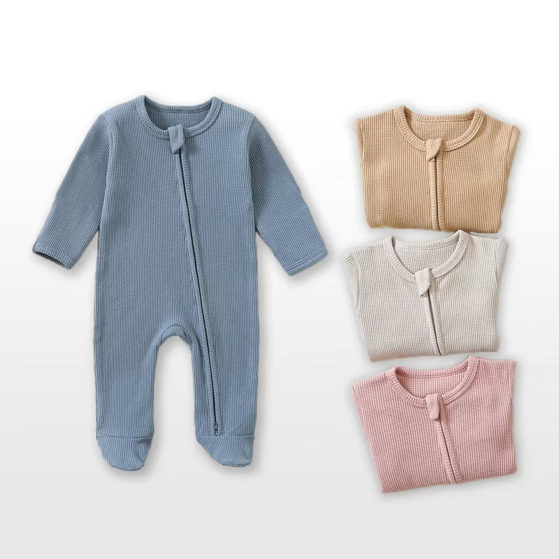 Organic Cotton Waffle Baby Rompers with Long Sleeves and Feet