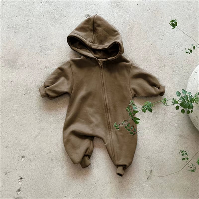 Organic Cotton Hooded Baby Romper - Long Sleeve Zippered Jumpsuit for Infants and Toddlers, Ideal for Autumn and Spring