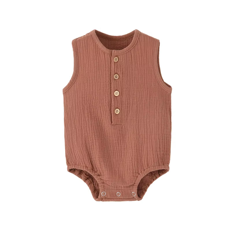 Summer Solid 100% Cotton Linen Sleeveless Bodysuit for Newborns - Soft, Skin-Friendly Jumpsuit for Boys and Girls