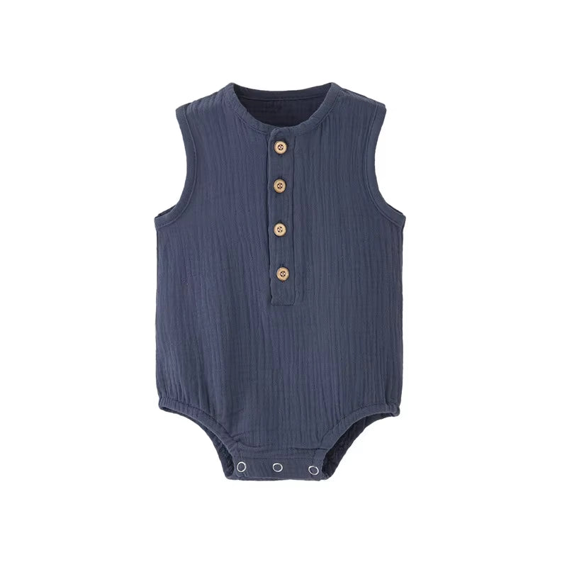 Summer Solid 100% Cotton Linen Sleeveless Bodysuit for Newborns - Soft, Skin-Friendly Jumpsuit for Boys and Girls