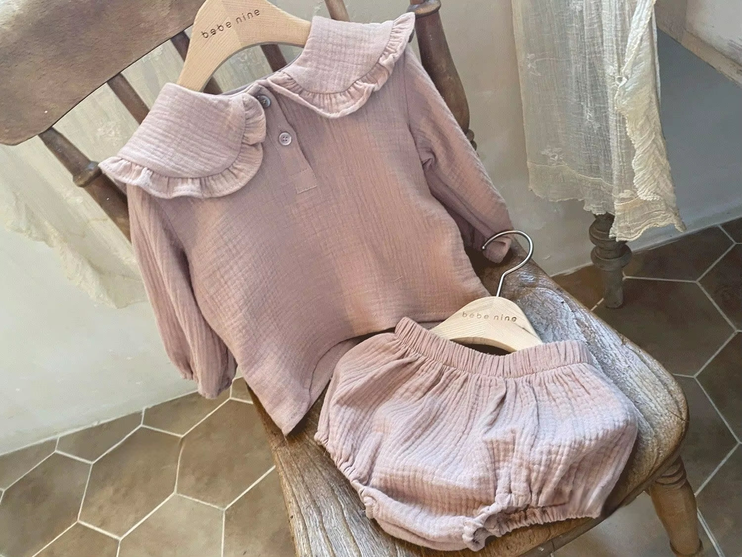 Organic Cotton Ruffled Collar Long Sleeve Shirt and Pants Set