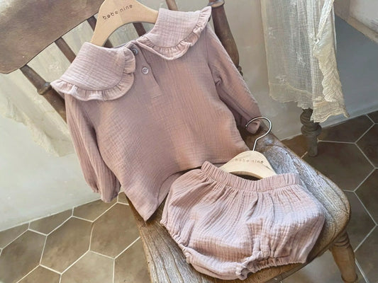 Organic Cotton Ruffled Collar Long Sleeve Shirt and Pants Set