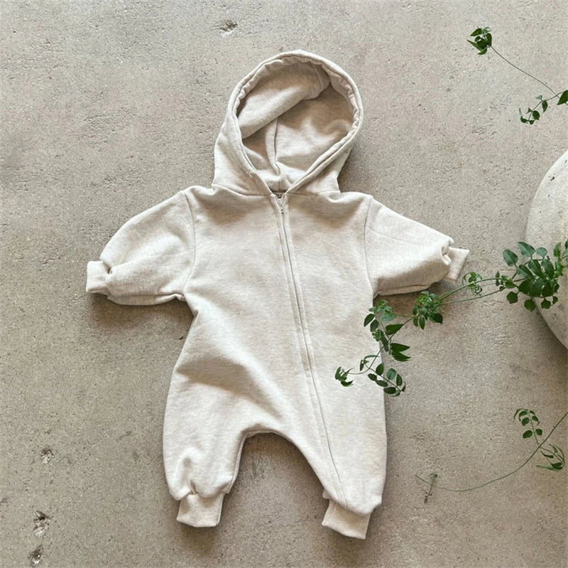 Organic Cotton Hooded Baby Romper - Long Sleeve Zippered Jumpsuit for Infants and Toddlers, Ideal for Autumn and Spring