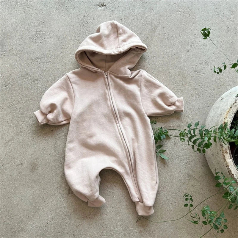 Organic Cotton Hooded Baby Romper - Long Sleeve Zippered Jumpsuit for Infants and Toddlers, Ideal for Autumn and Spring