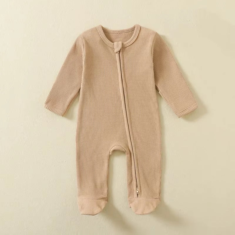 Organic Cotton Waffle Baby Rompers with Long Sleeves and Feet