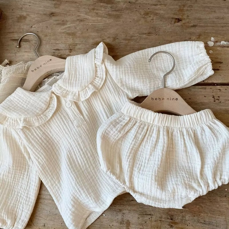 Organic Cotton Ruffled Collar Long Sleeve Shirt and Pants Set