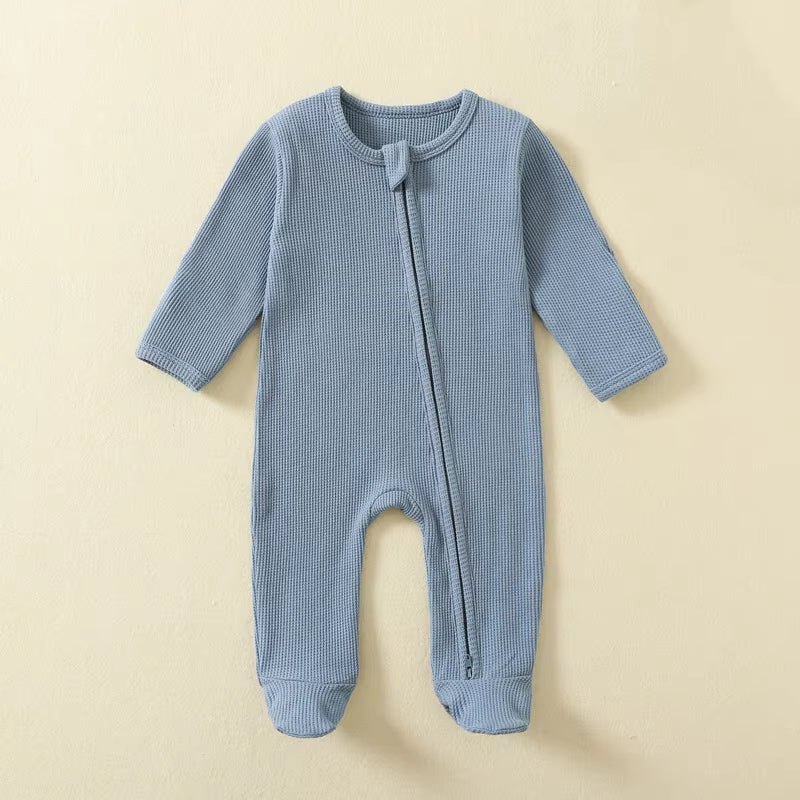 Organic Cotton Waffle Baby Rompers with Long Sleeves and Feet